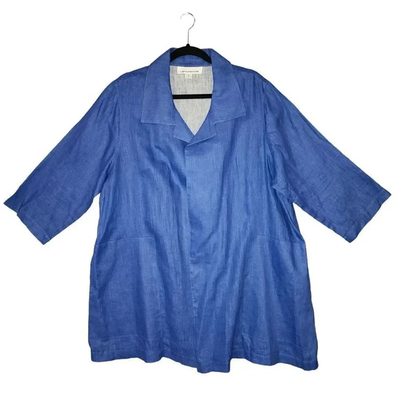 Caroline Rose Women Size 1X Blue 100% Linen Open Front 3/4 Sleeve Topper Jacket - Picture 2 of 8